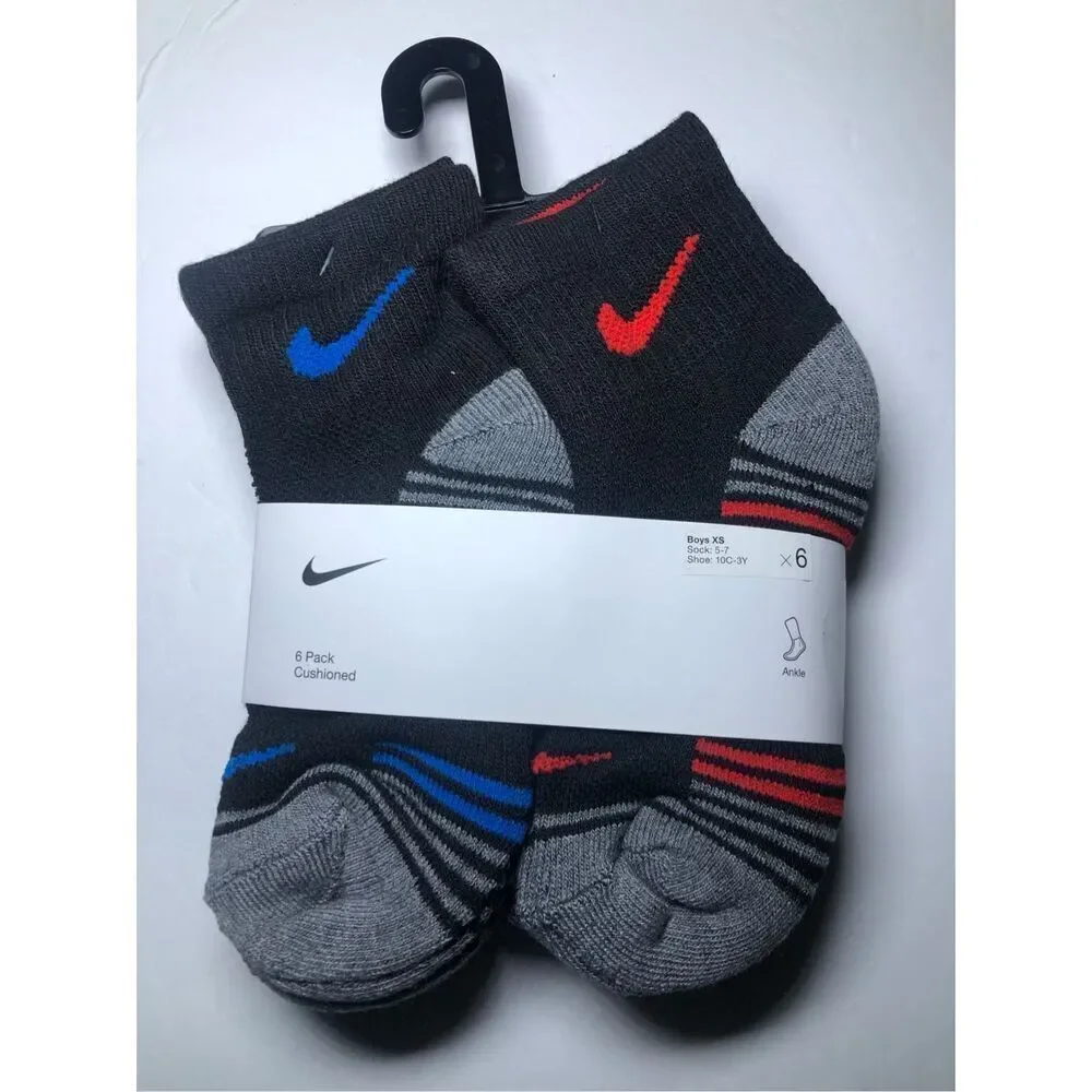 Nike Kids Cushioned Ankle Socks Size 5-7/ Shoe 10C-3Y  6 pack